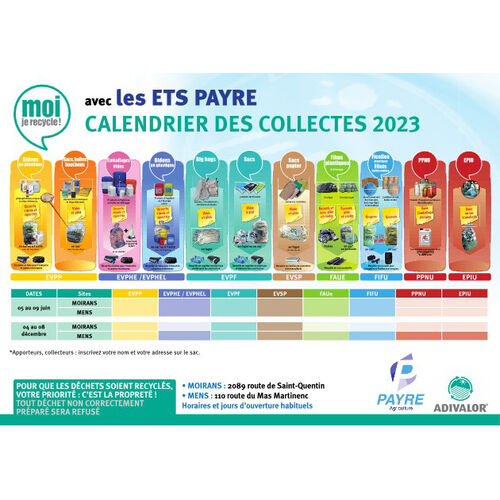 Calendrier collecte 2023 Adivalor